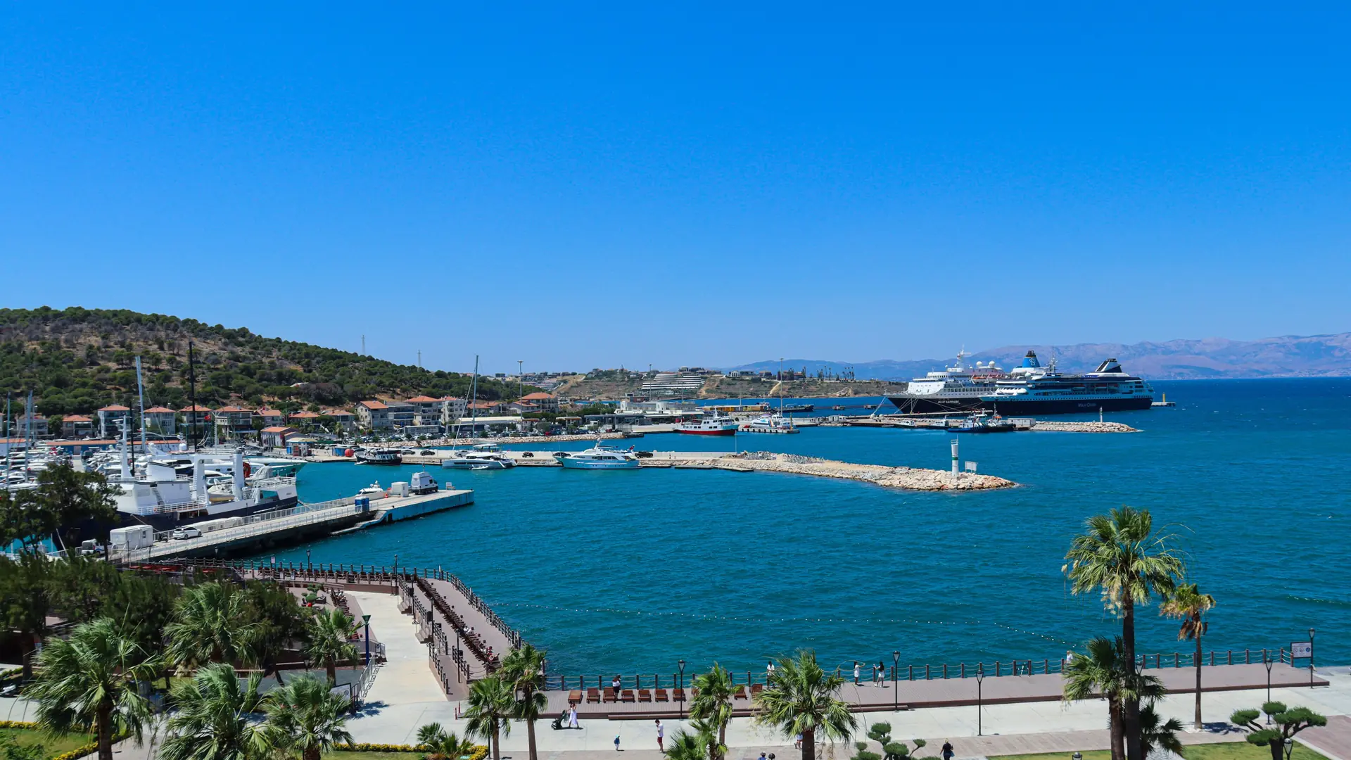Sunny Kuşadası harbour, palms and promenade with a cruise ship, shown as a wider city scene