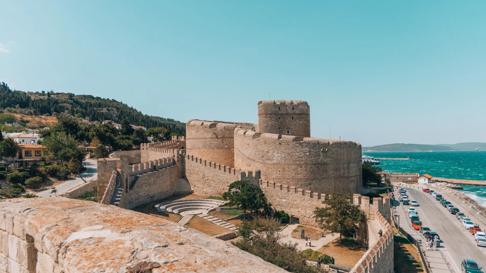 Sunlit stone bastions of Palamidi Fortress overlooking the turquoise Argolic Gulf