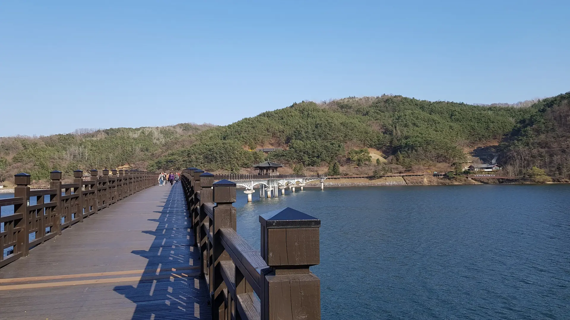 Wolyeonggyo Bridge's long wooden walkway over the water in Andong, in bright daylight