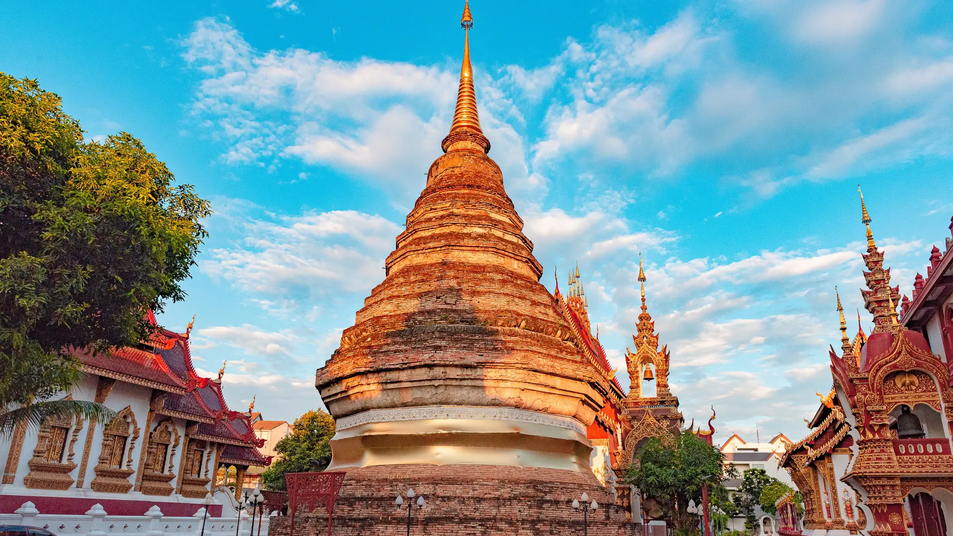 Carved wooden facade of Wat Saen Muang Ma Luang in Chiang Mai