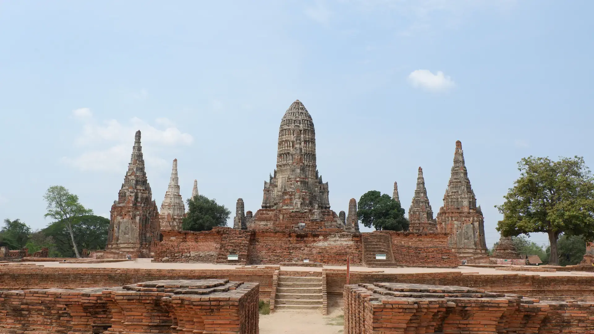 Brick prang towers and temple ruins at Wat Chaiwatthanaram on Ayutthaya’s west bank