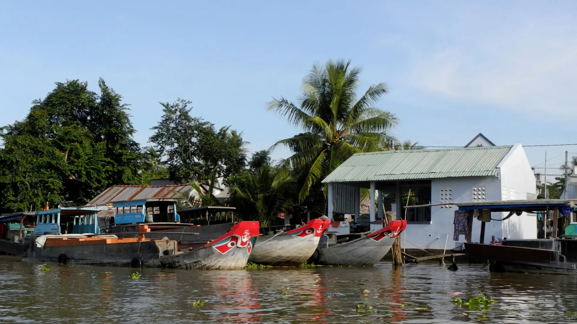 Wooden boats beside sunlit riverside houses and palms in Can Tho, a wider river scene