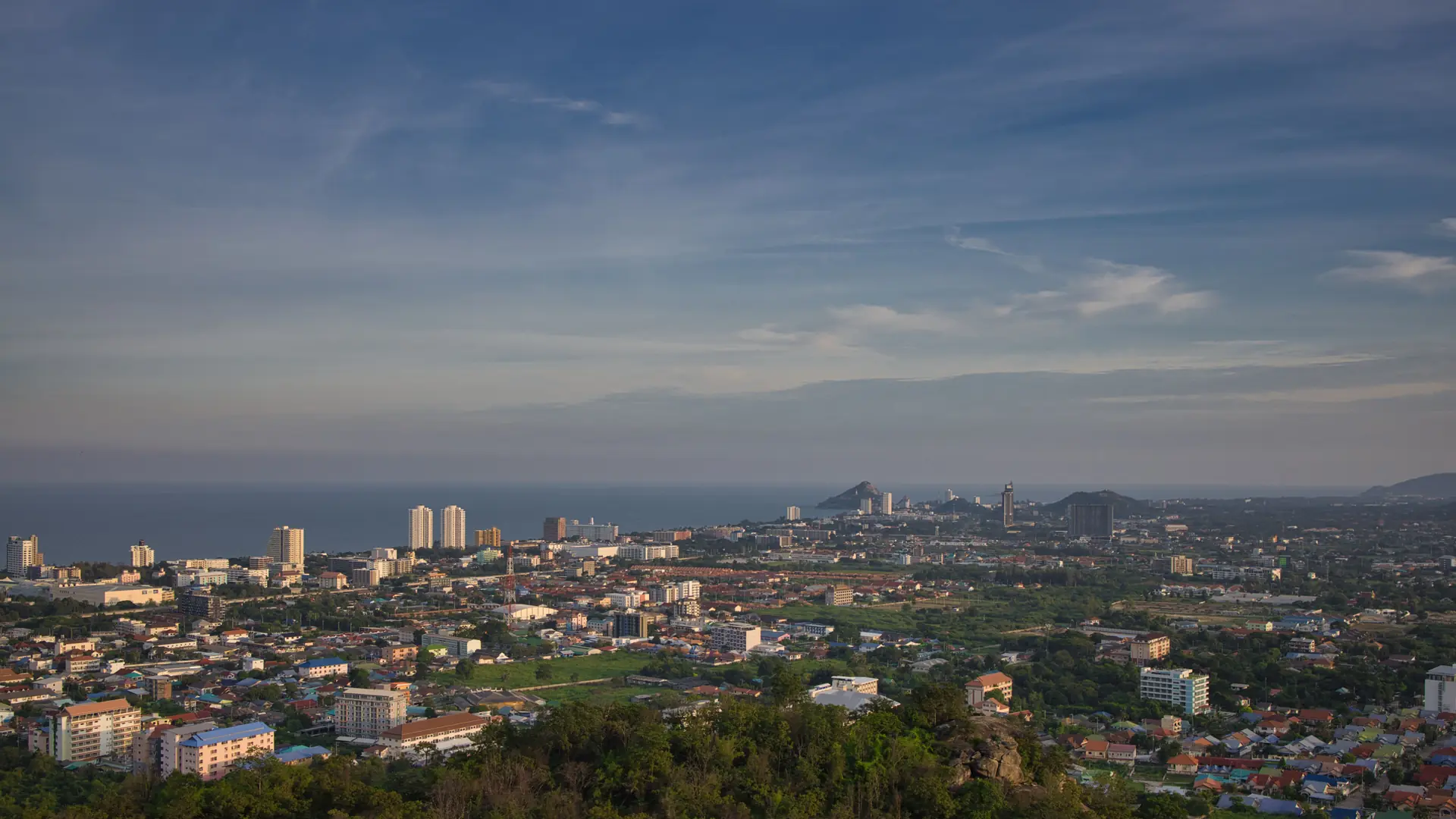 Hua Hin's beachfront city and Gulf shoreline seen from above