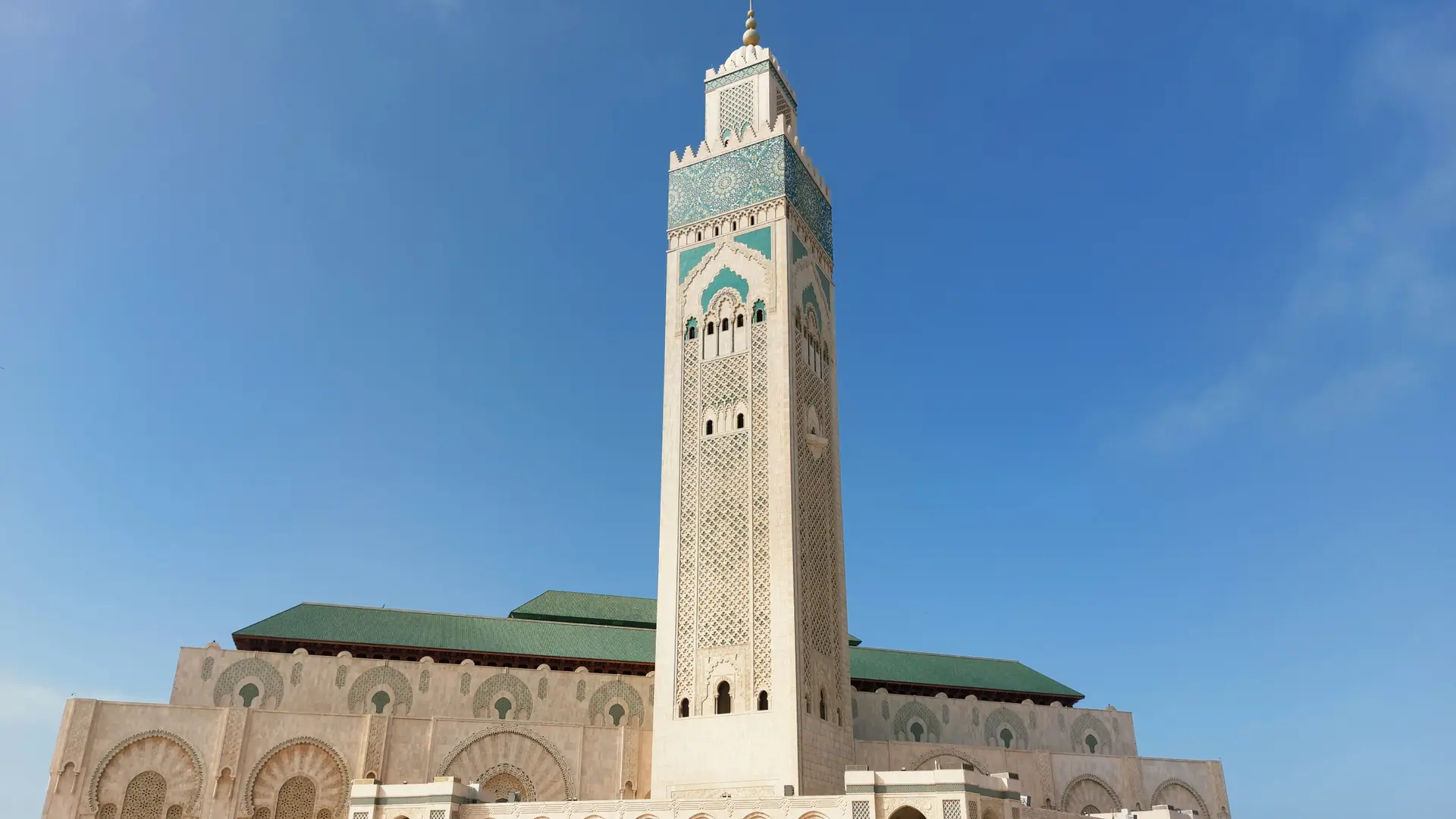 Hassan II Mosque minaret under the clear Casablanca sky