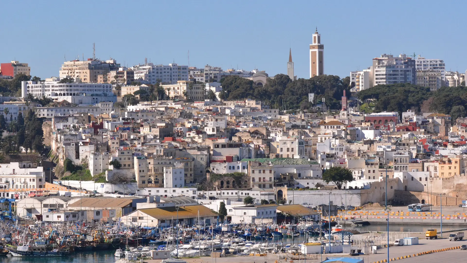 Tangier old town and mosque above the harbour on a clear day