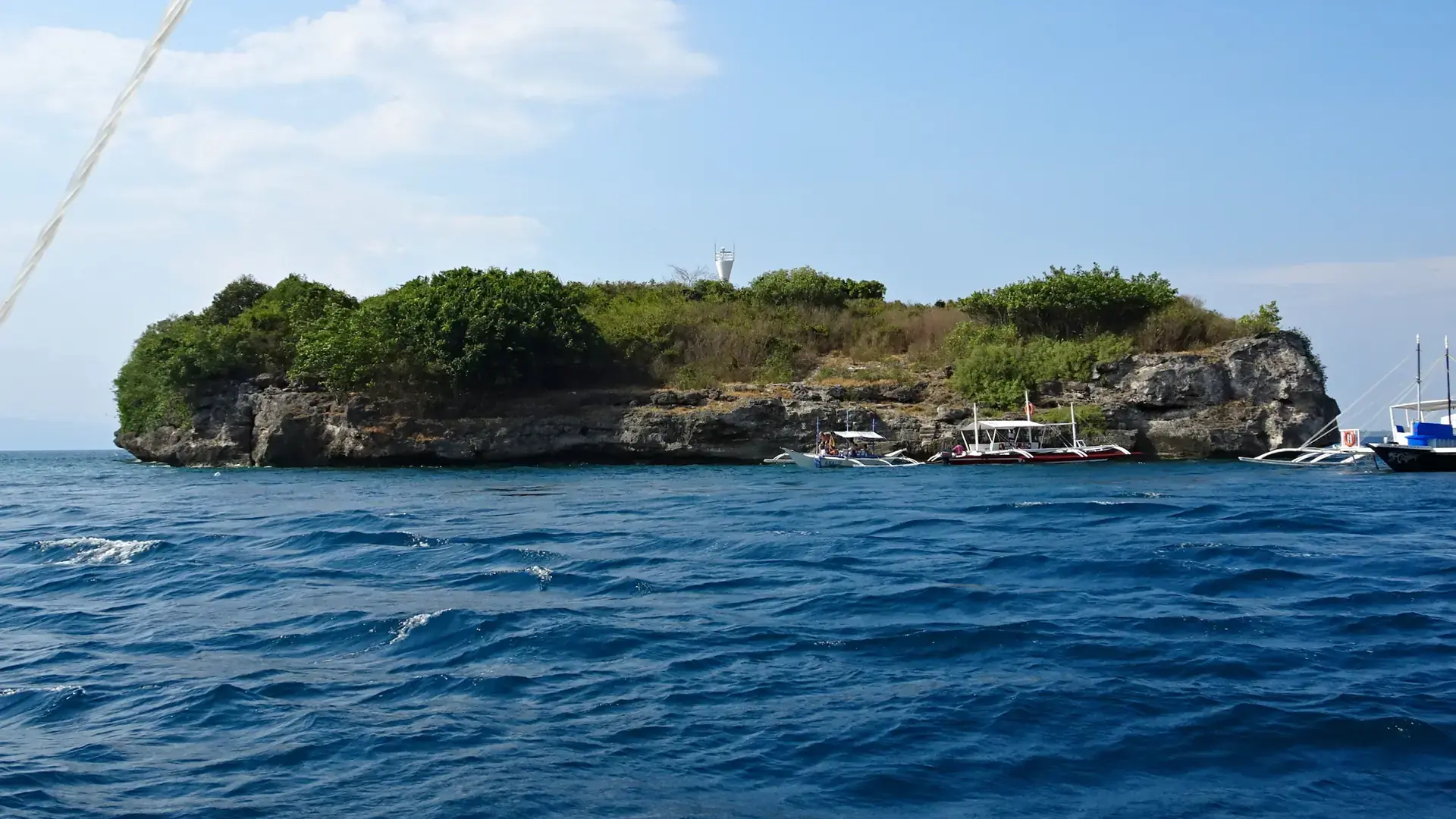 Pescador Island’s rocky coast and green vegetation above blue water off Moalboal