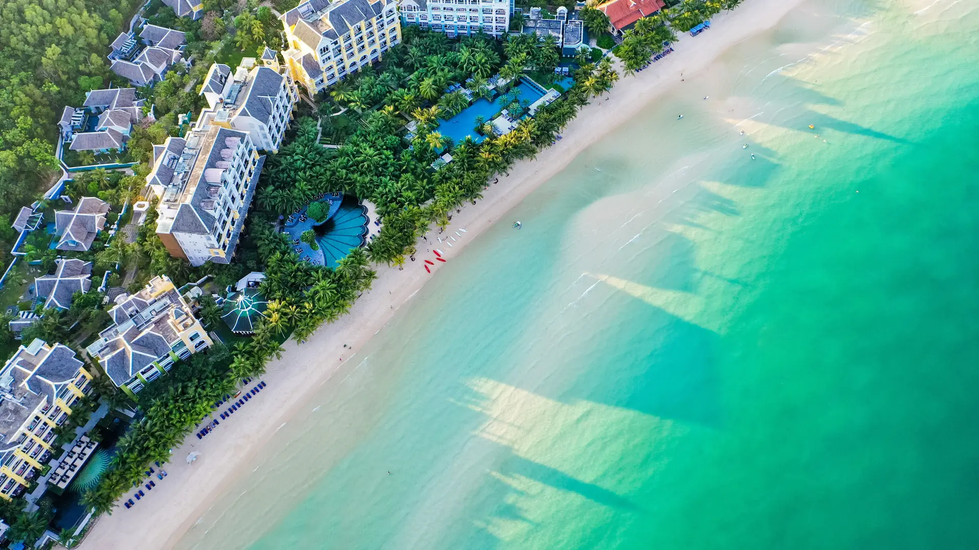 Aerial Khem shoreline and beachside buildings on Phu Quoc