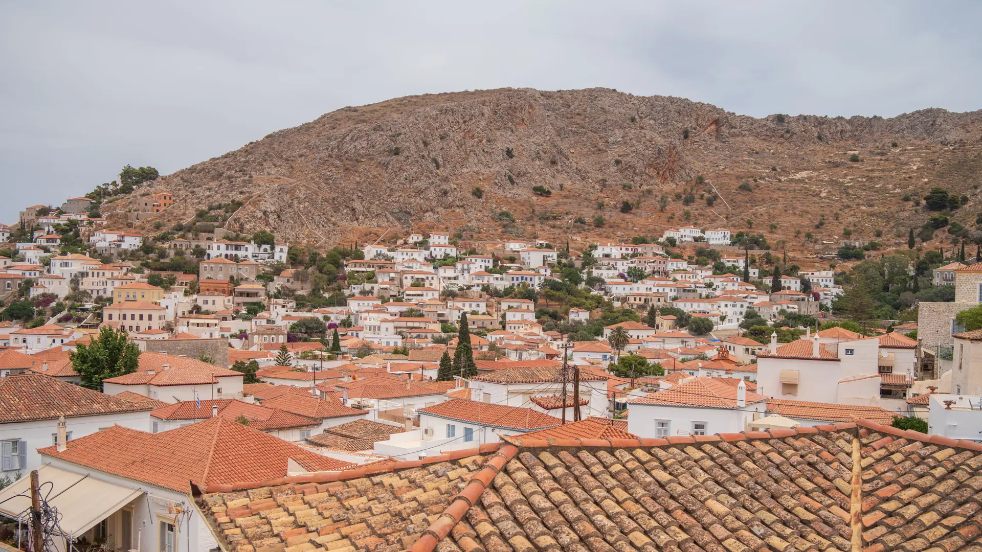 Hydra's tiled roofs and stone houses climbing the bare hillside above the harbour
