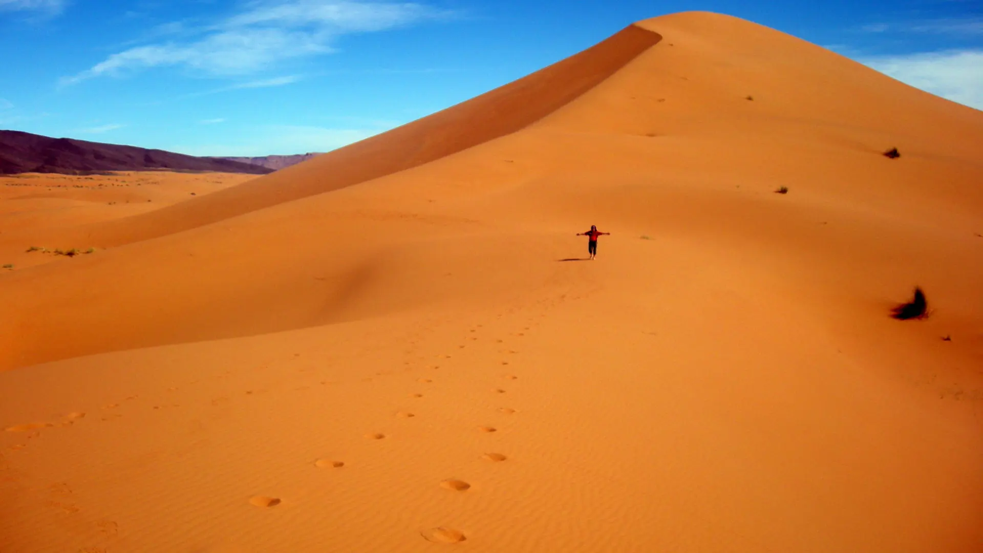 Tall orange Erg Chebbi dune under blue sky near Merzouga