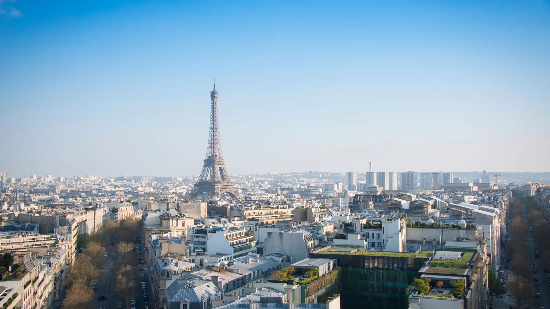 The Eiffel Tower above Paris rooftops and tree-lined avenues beneath a clear blue daytime sky