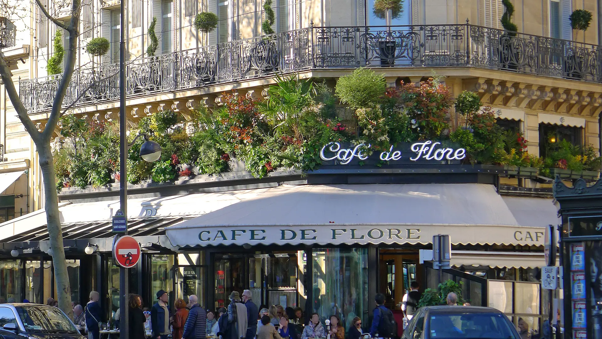 The Café de Flore terrace and facade in Saint-Germain-des-Prés, Paris