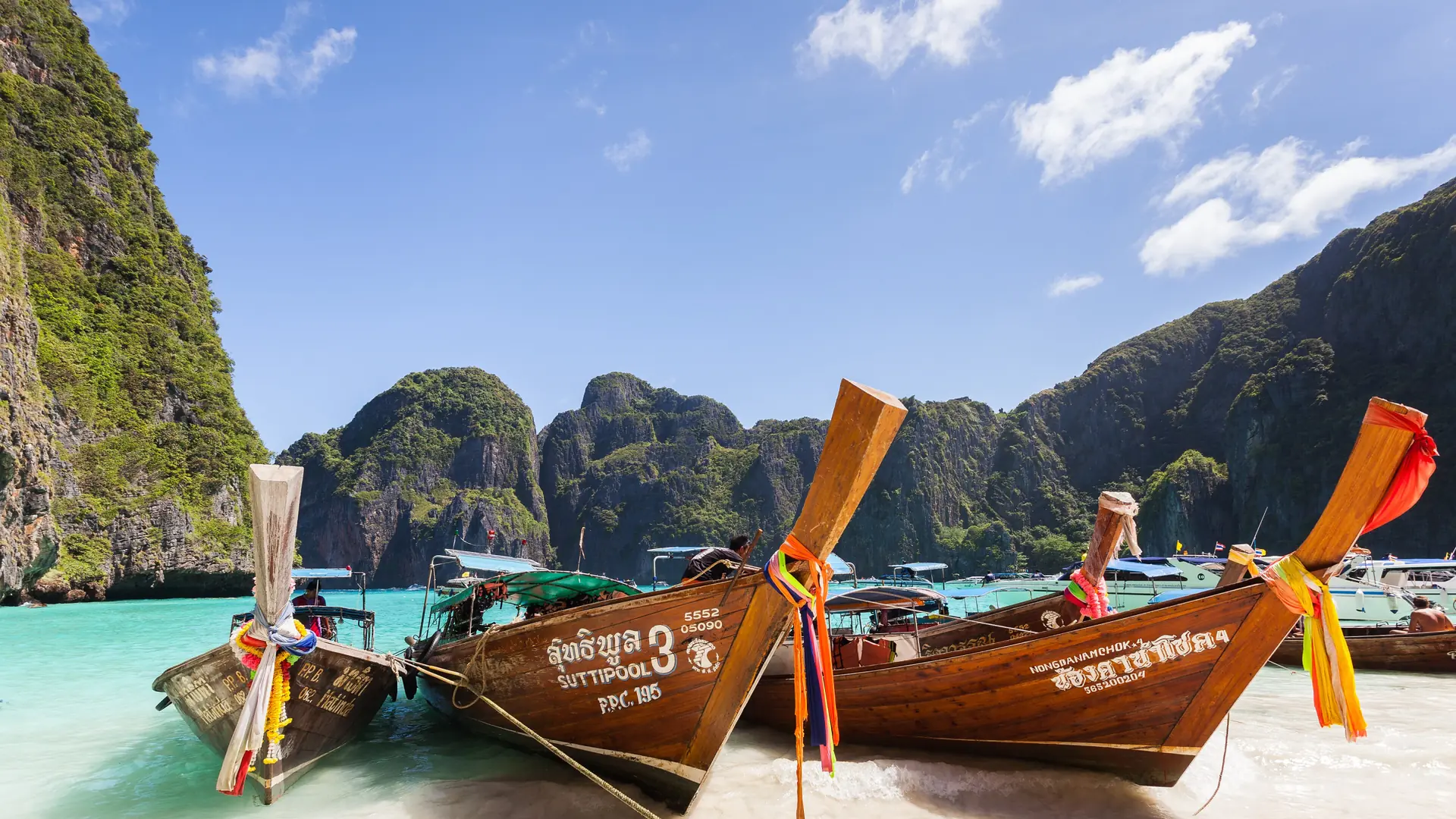 Pale sand and dramatic limestone cliffs in the Phi Phi archipelago