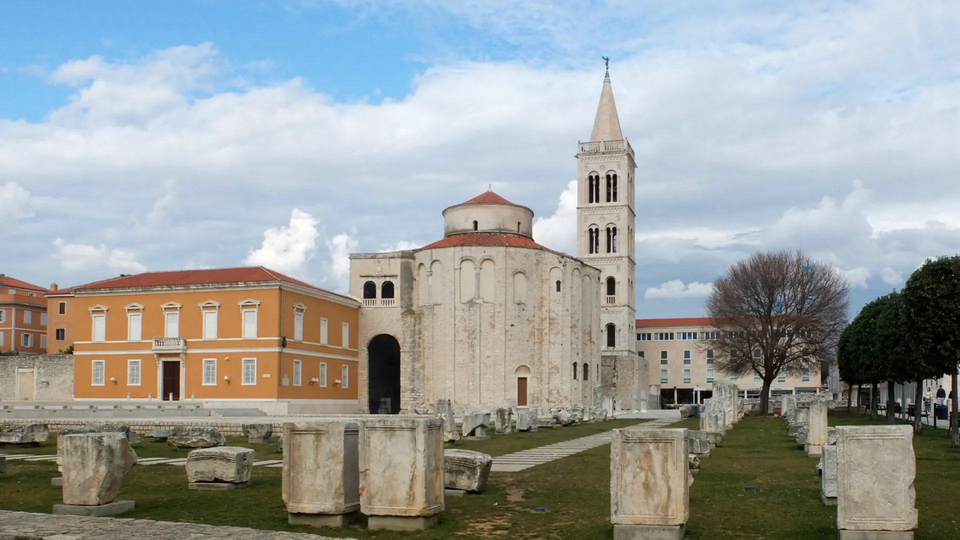 St Donatus's round Byzantine church rising over the Roman Forum's stone remains in Zadar