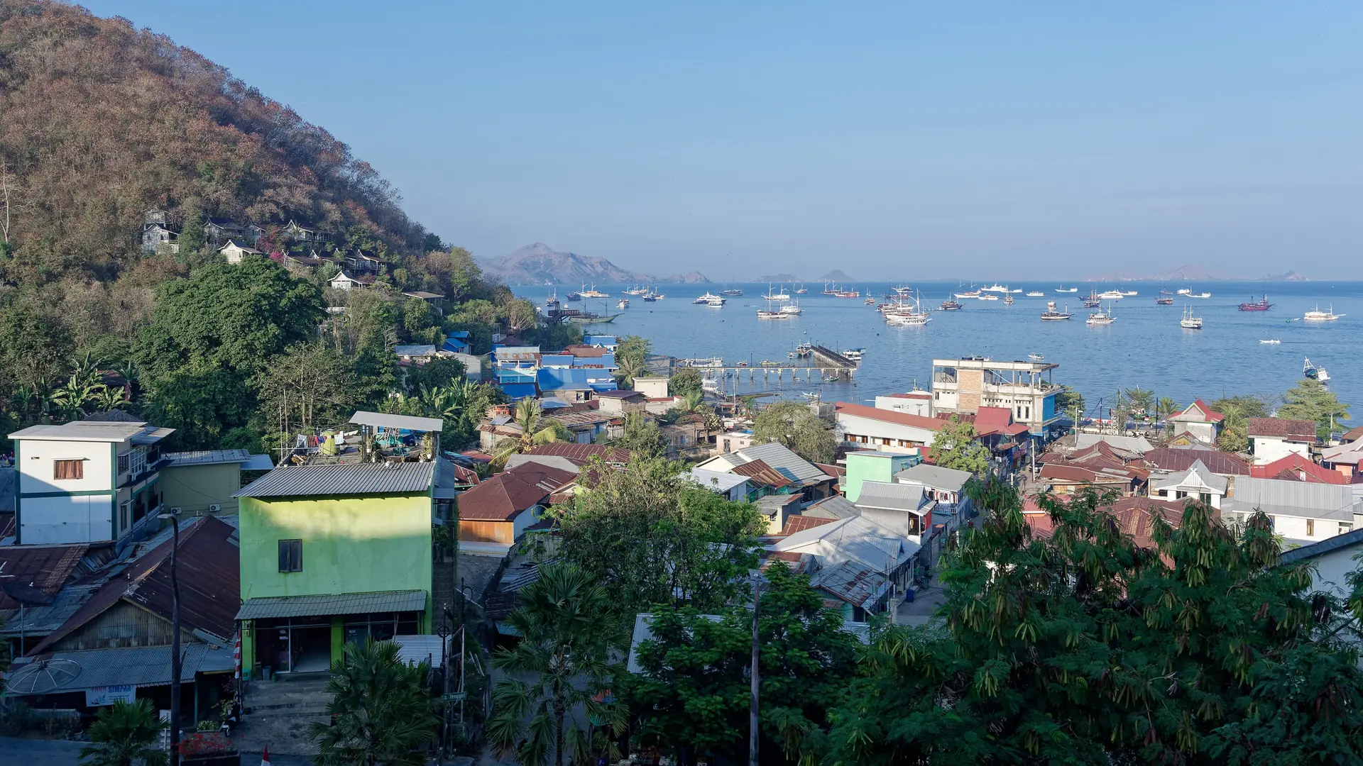 Labuan Bajo’s hillside buildings overlooking a bay filled with boats