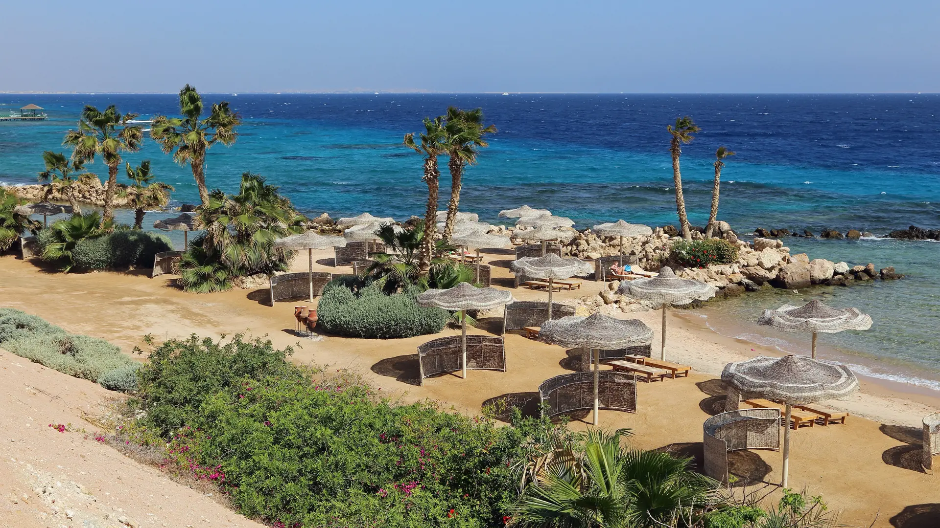 Sunny Sahl Hasheesh resort beach with palms and blue Red Sea water