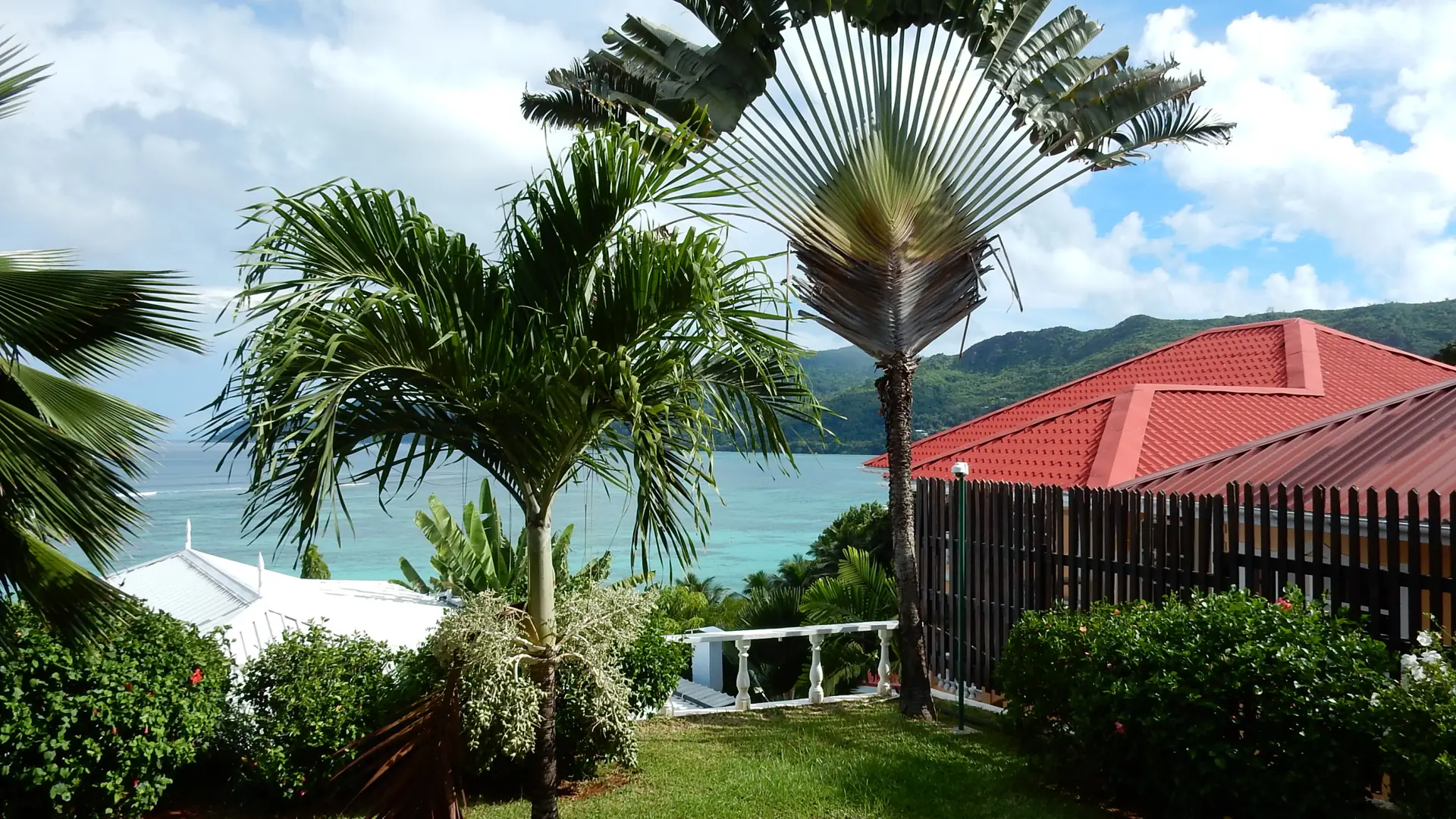Palm-lined hillside guesthouse overlooking Anse Royale Bay on Mahé