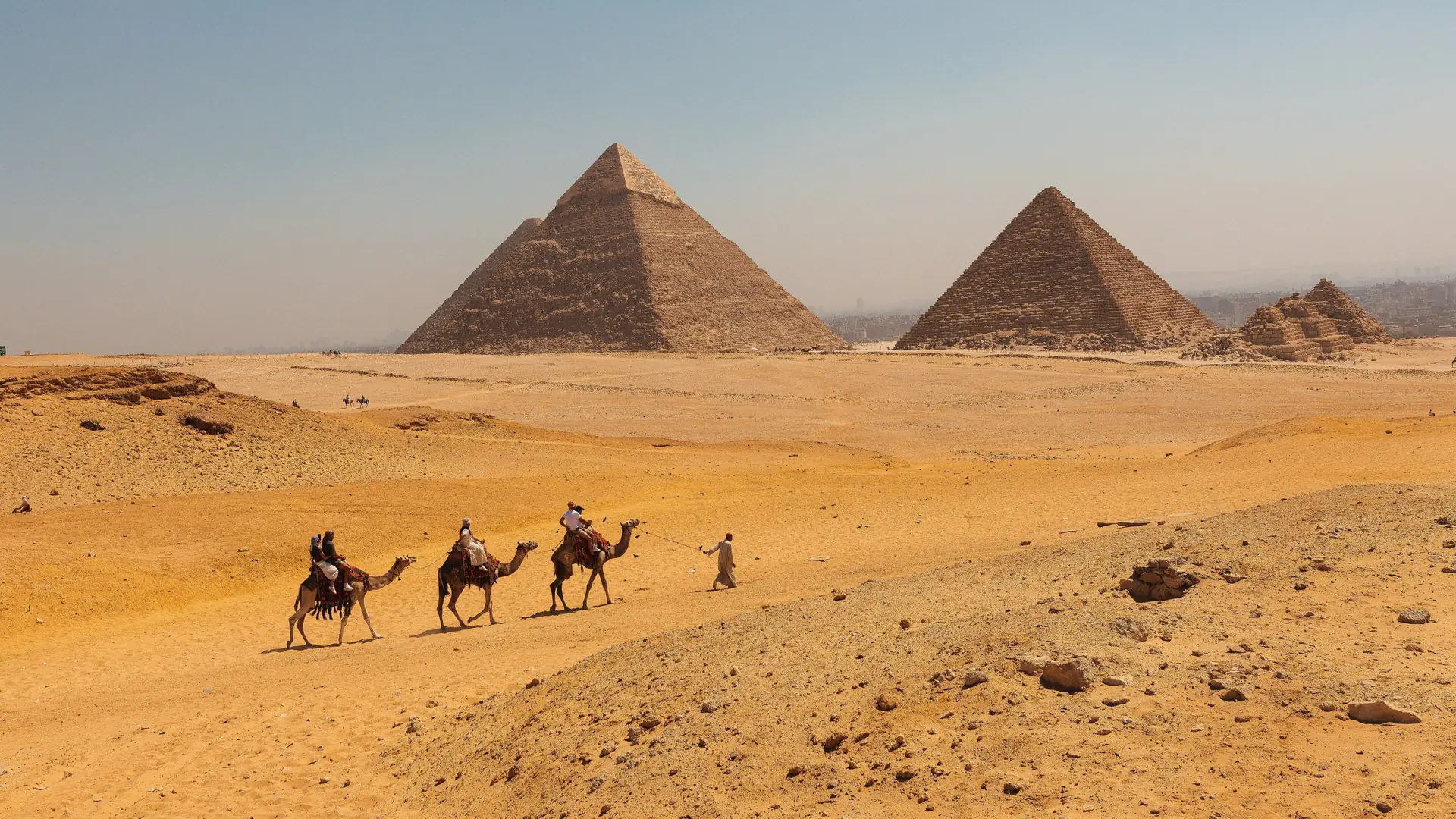 Sunny Giza pyramids beyond a small camel caravan on the desert plateau in Egypt.