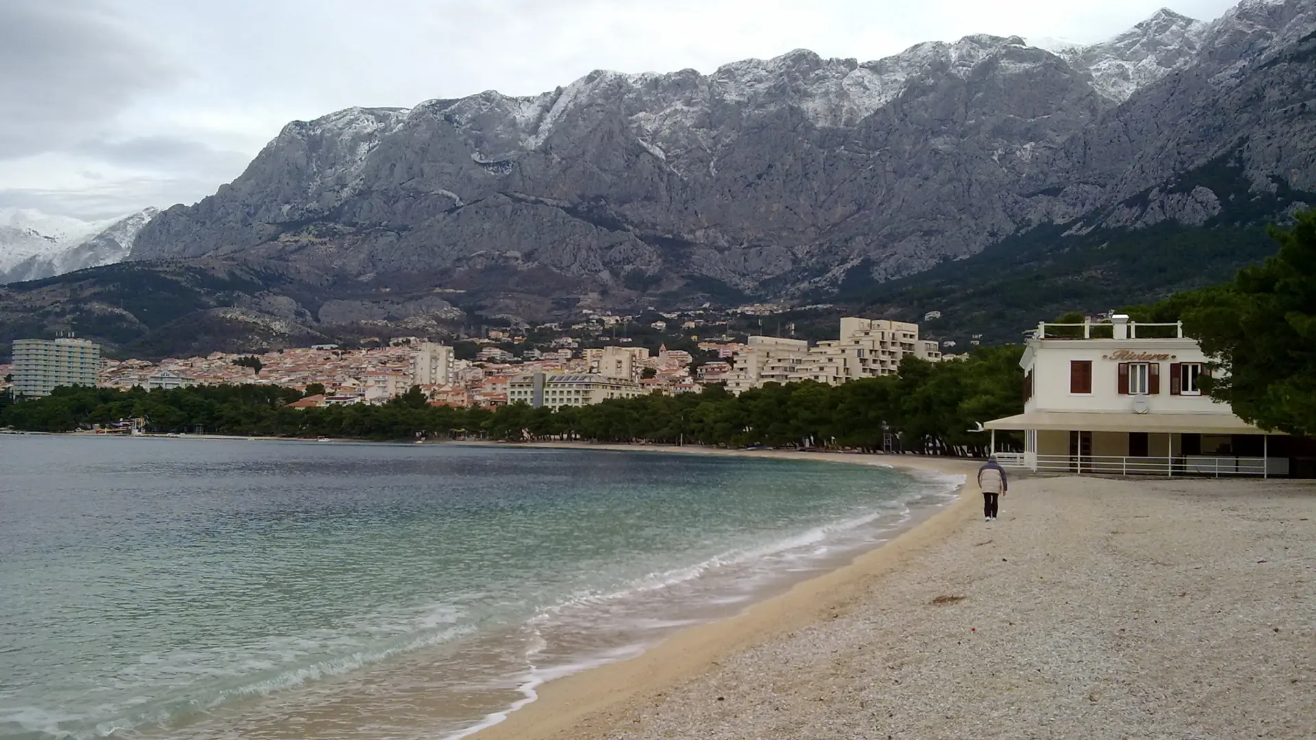 Western Makarska beach beneath Biokovo in winter