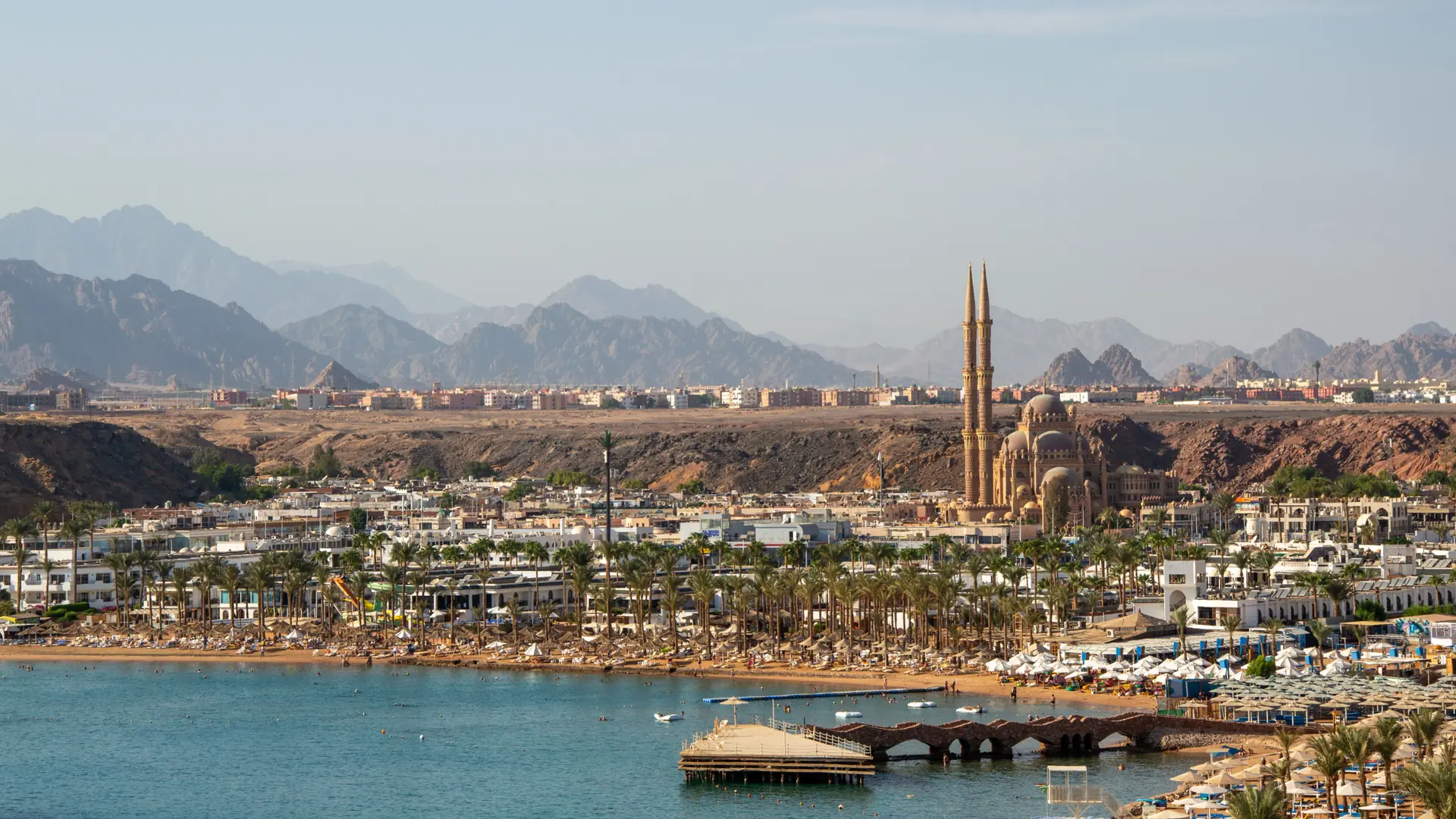Bright Red Sea shoreline and coastal mountains at Sharm El Sheikh