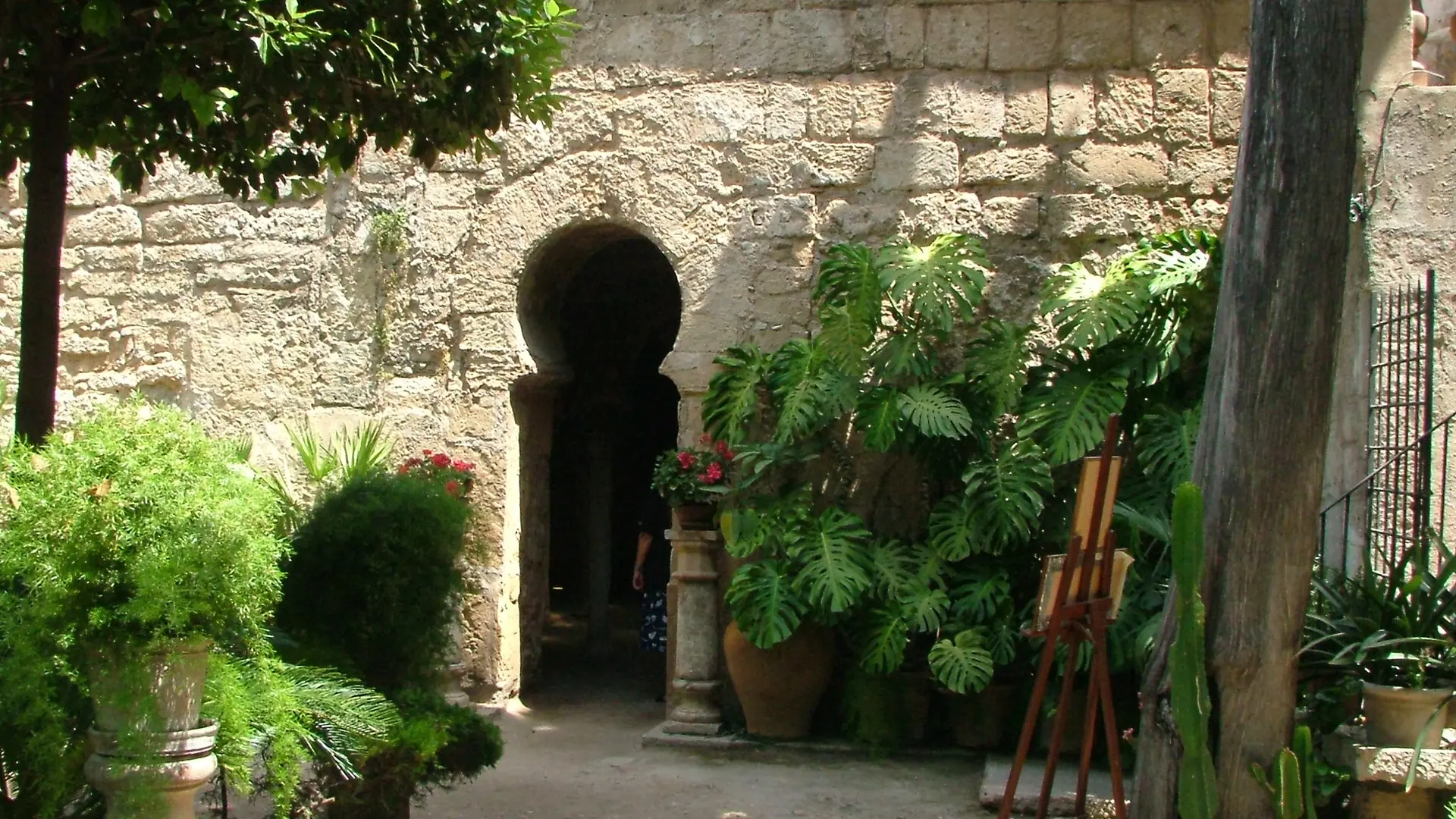 a sunlit garden courtyard with a horseshoe-arch Moorish doorway at the Arab Baths in Palma's old town