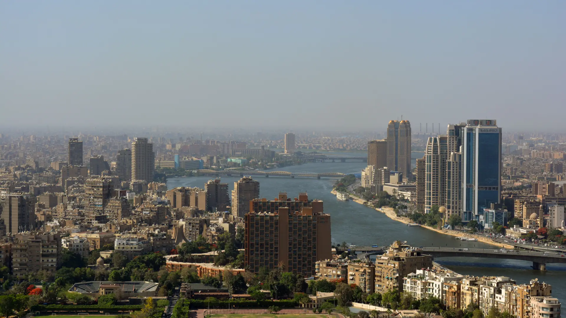 Daylight Cairo skyline and a curve of the Nile River