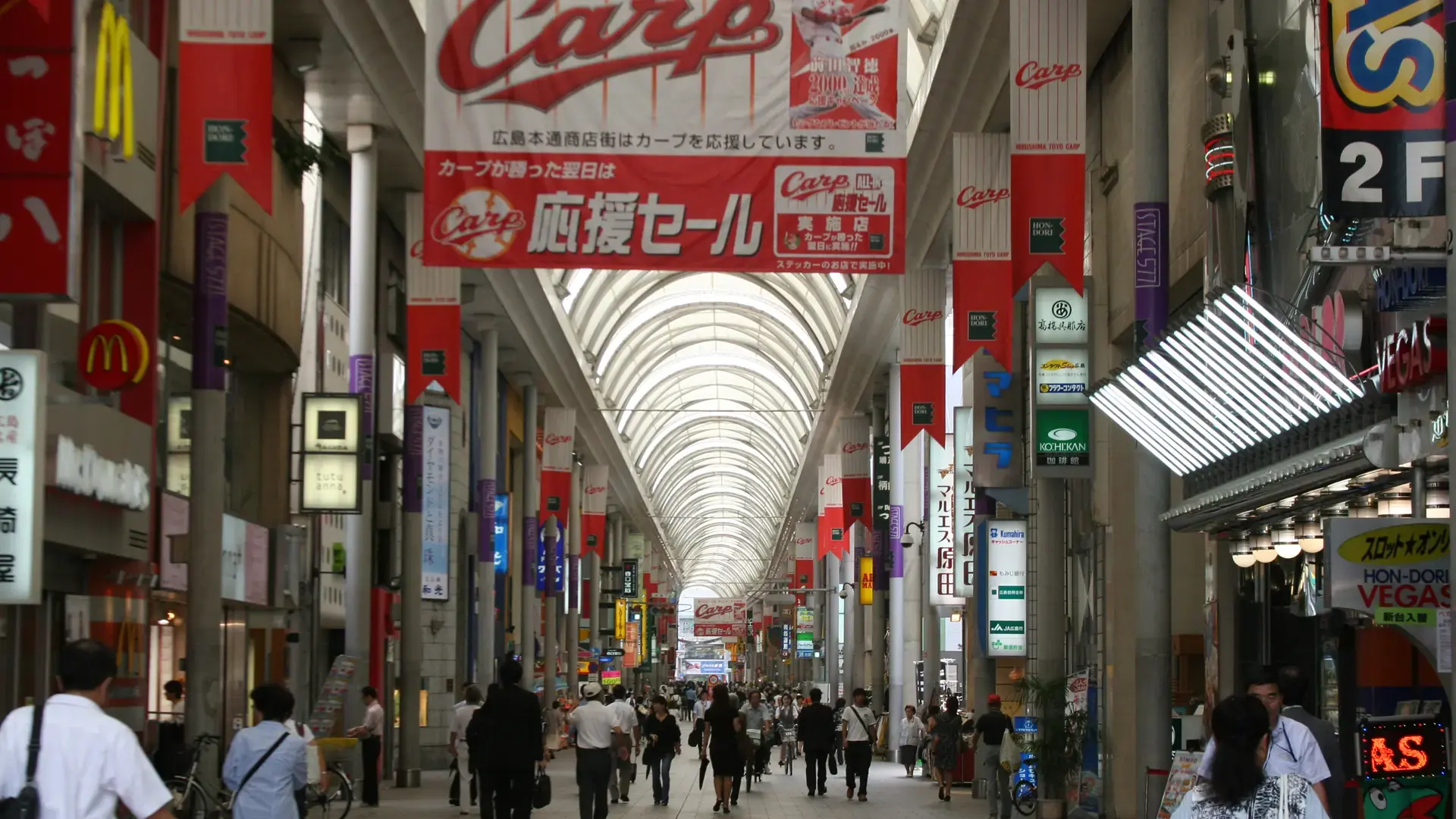 Hondori's lively covered arcade opening toward central Hiroshima in daylight