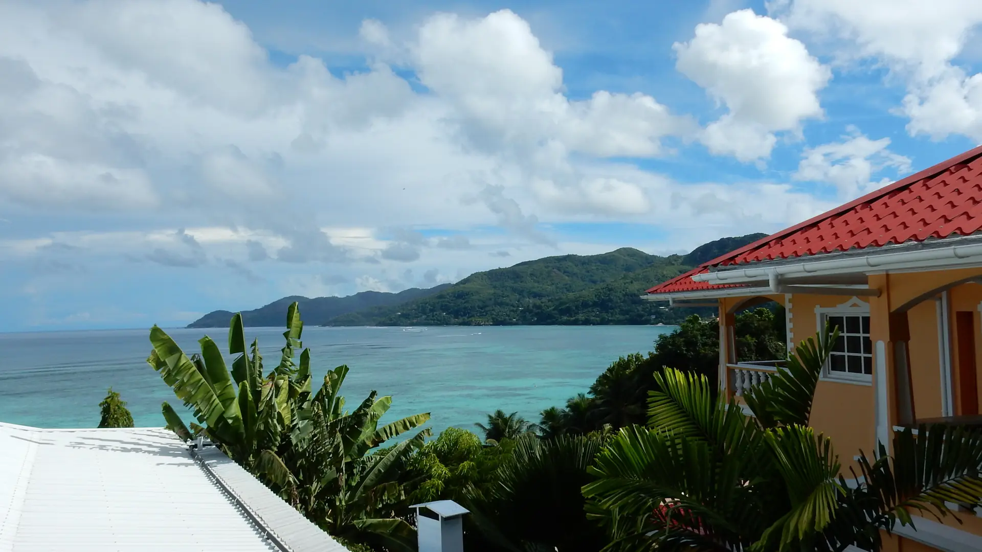 View across Anse Royale Bay from a hillside guesthouse on Mahé