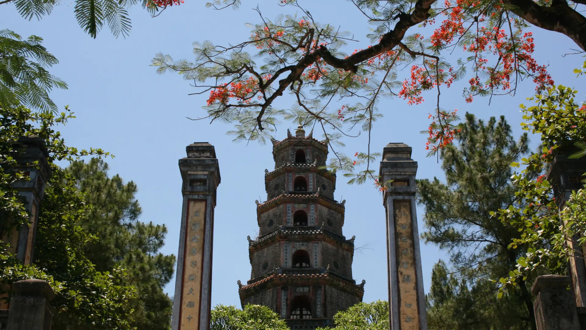 Thien Mu Pagoda tower framed by flowering branches in upstream Hue, not the Le Loi hotel frontage