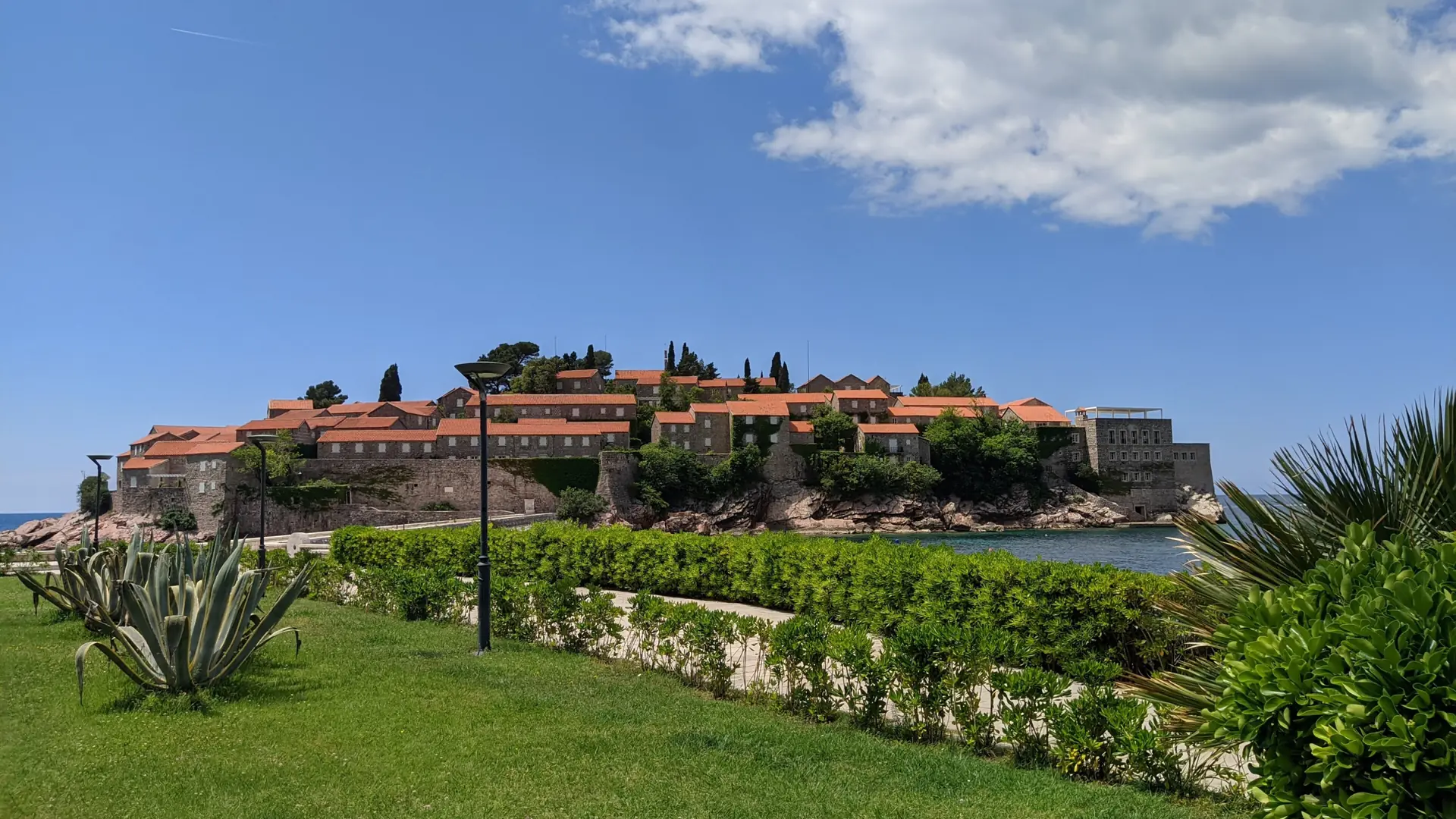 Red-roofed Sveti Stefan island seen from a mainland garden in sunshine