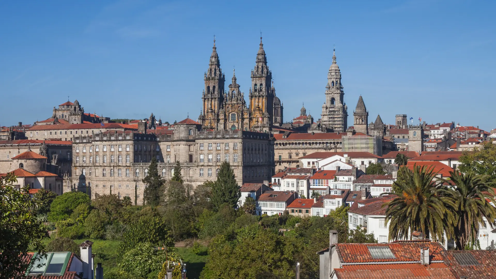 Santiago Cathedral’s western towers above the roofs of the historic centre