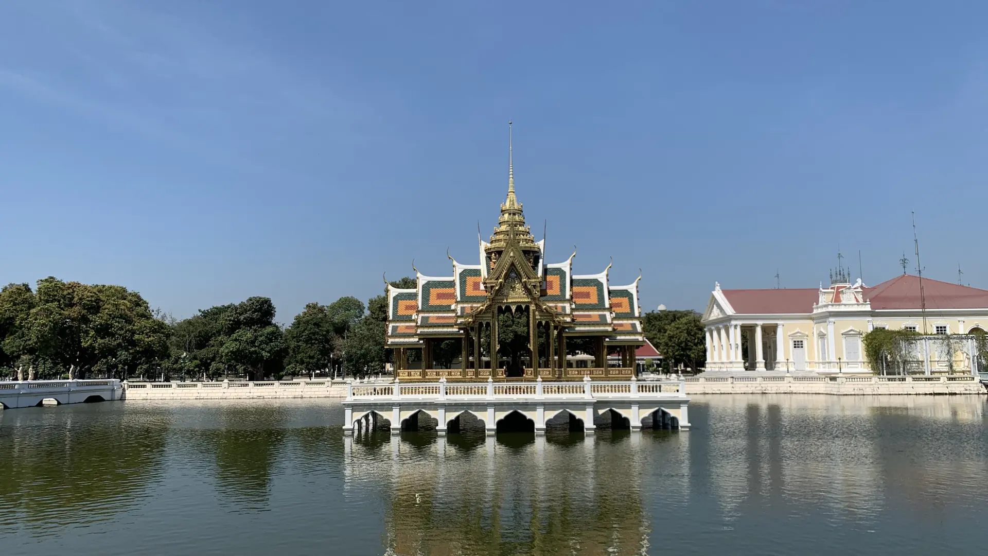 Aisawan Thipphaya-at pavilion and lake at Bang Pa-In Palace, an excursion beyond Ayutthaya’s south riverside