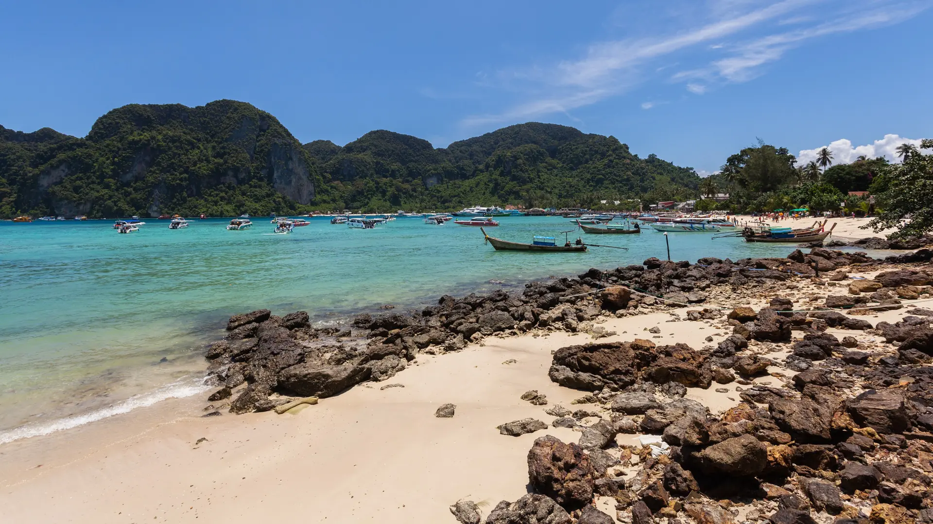 Shallow turquoise water enclosed by Phi Phi Don's green ridges