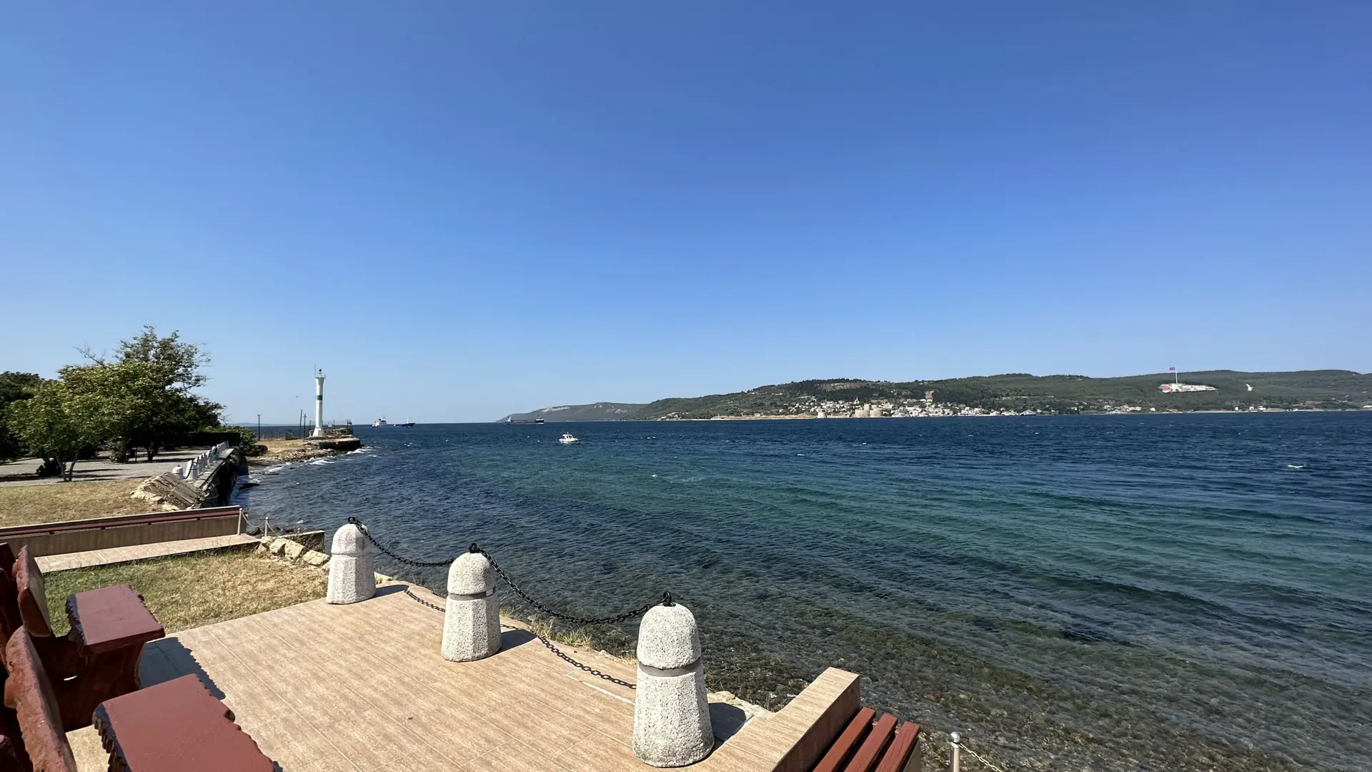 Dardanelles and the opposite shore from the sunlit waterfront in Çanakkale