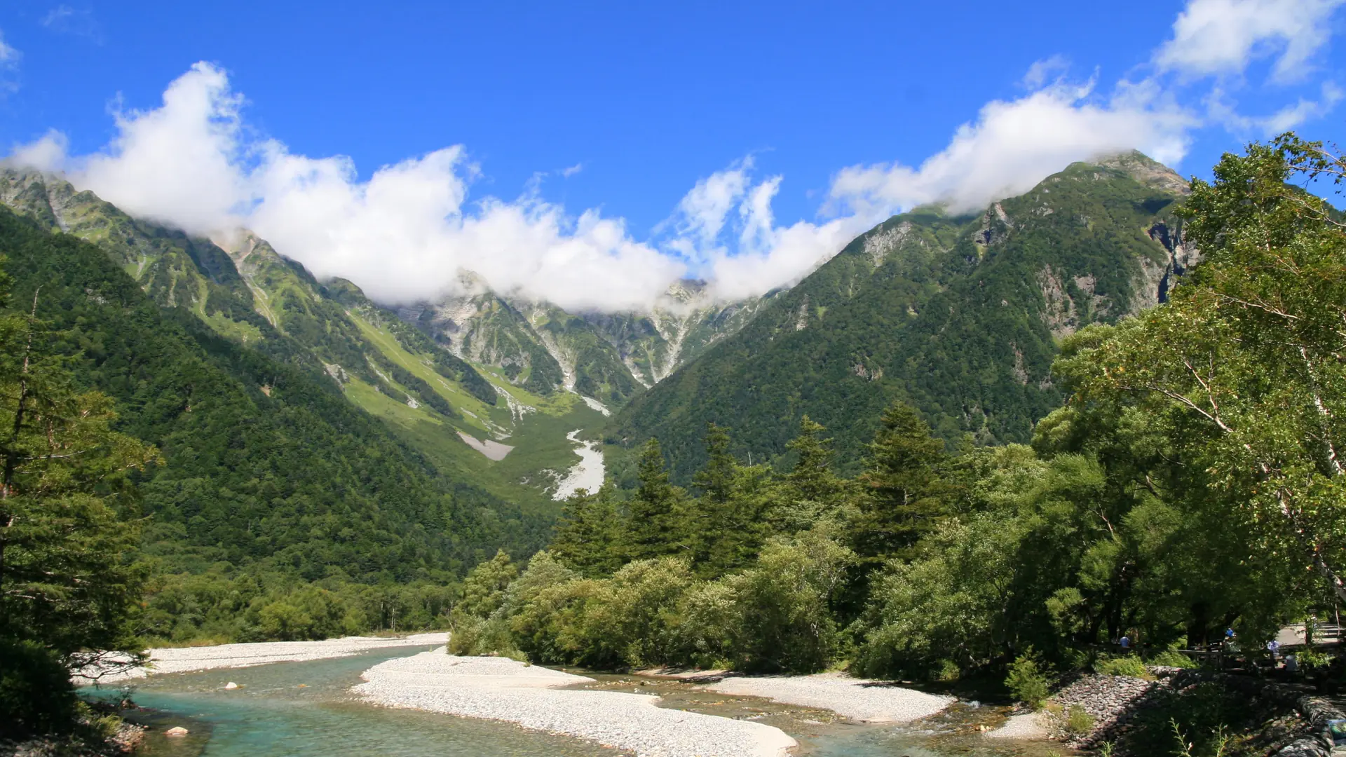 The Azusa River and pale gravel banks below the Hotaka peaks in sunny Kamikochi.