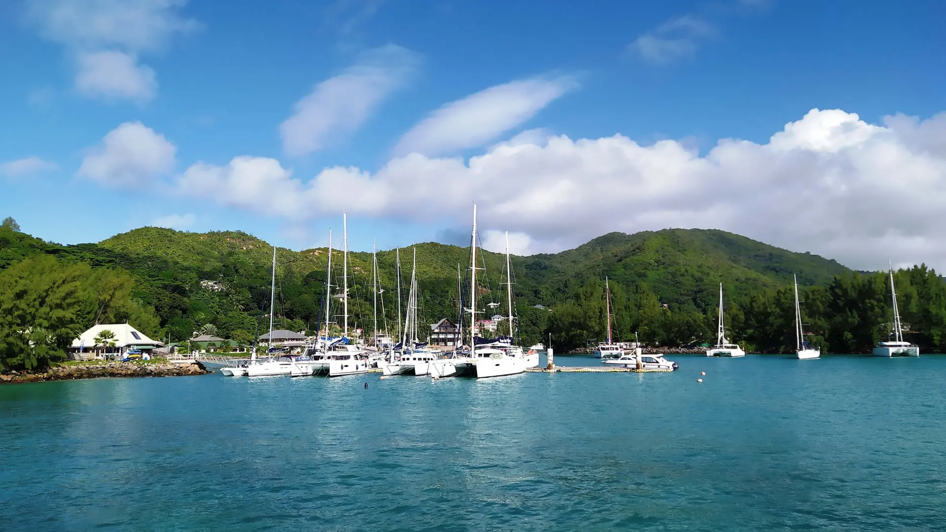 Sailboats moored in the marina at Baie Sainte Anne on Praslin