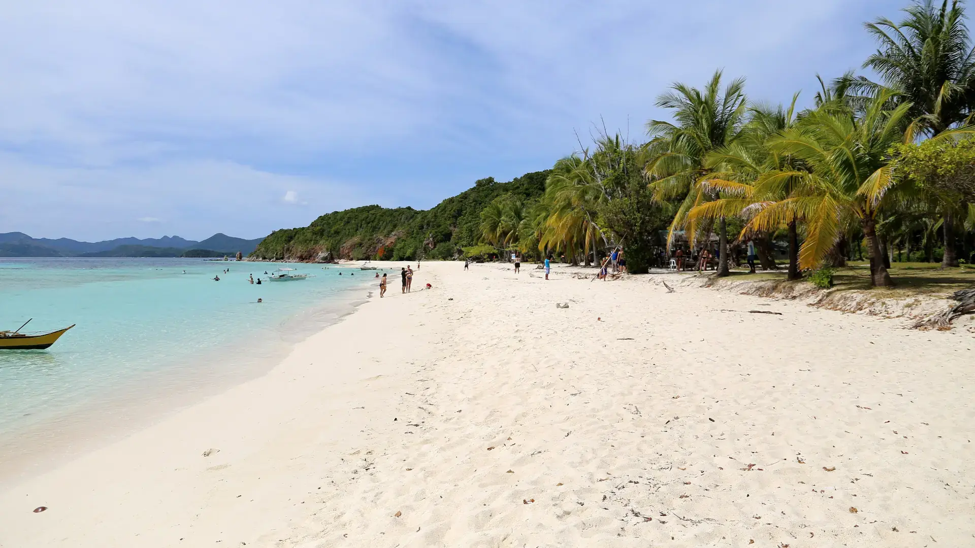Palm-shaded white sand and clear shallow water on Malcapuya Island in the Calamian Islands
