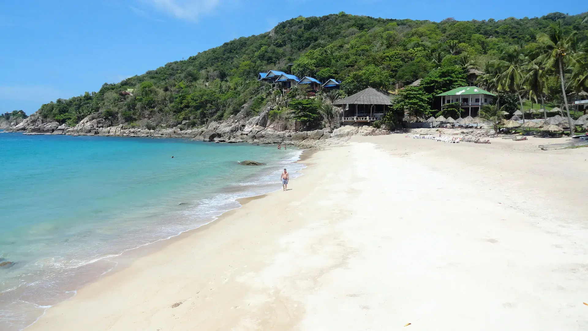 Sunny sand and turquoise water at Aow Leuk Bay on Koh Tao