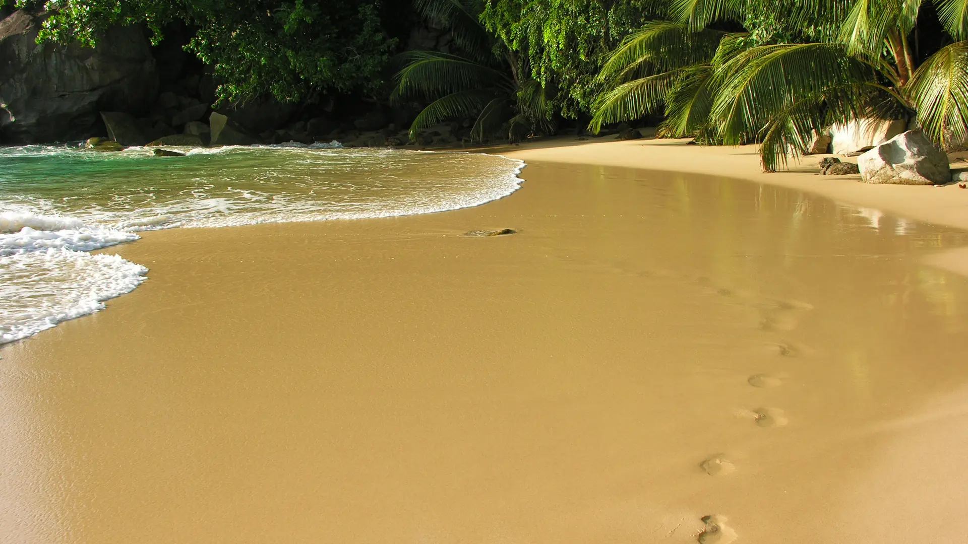 Golden sand and a green headland at Beau Vallon beach on Mahé