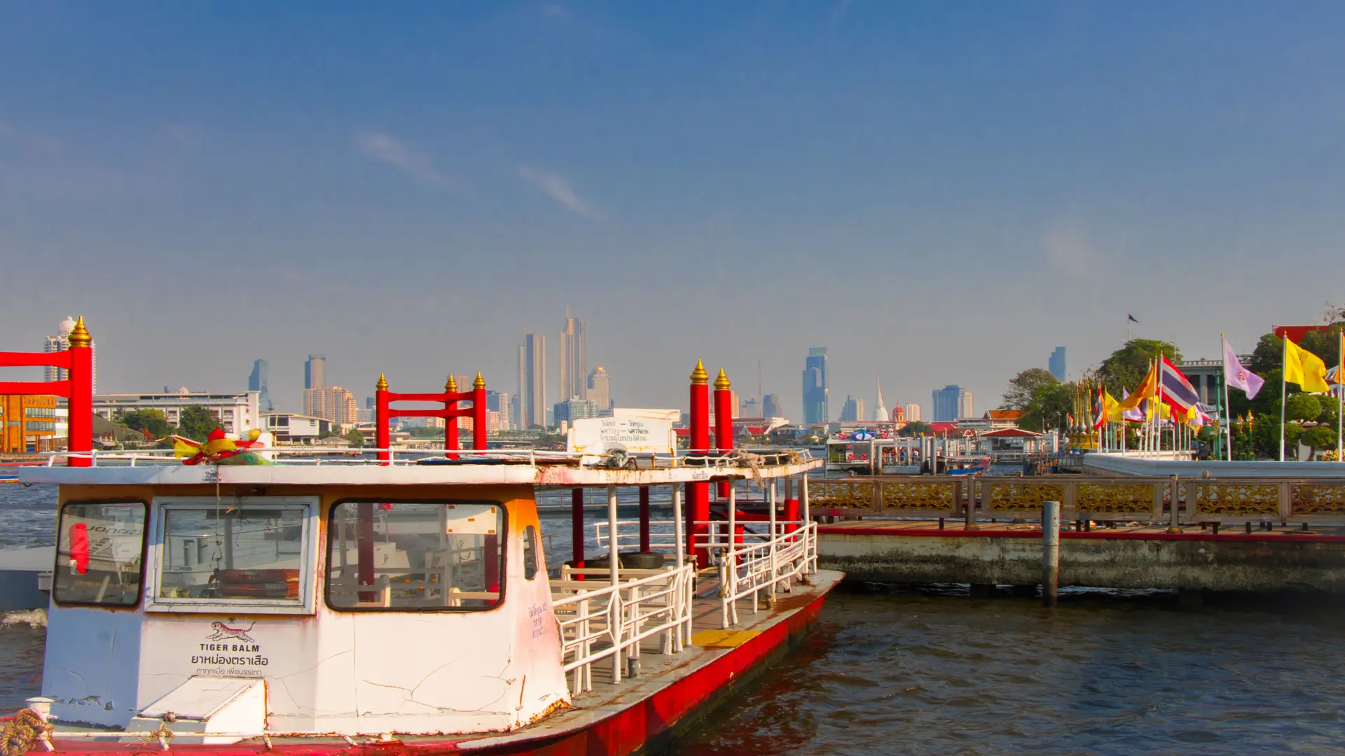 A docked passenger ferry on Bangkok’s Chao Phraya River