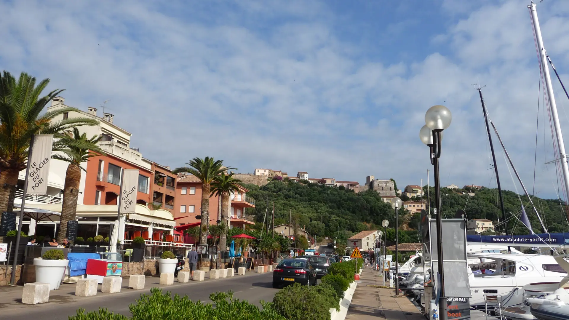 Quai Pascal Paoli beside Porto-Vecchio marina, with the citadel above