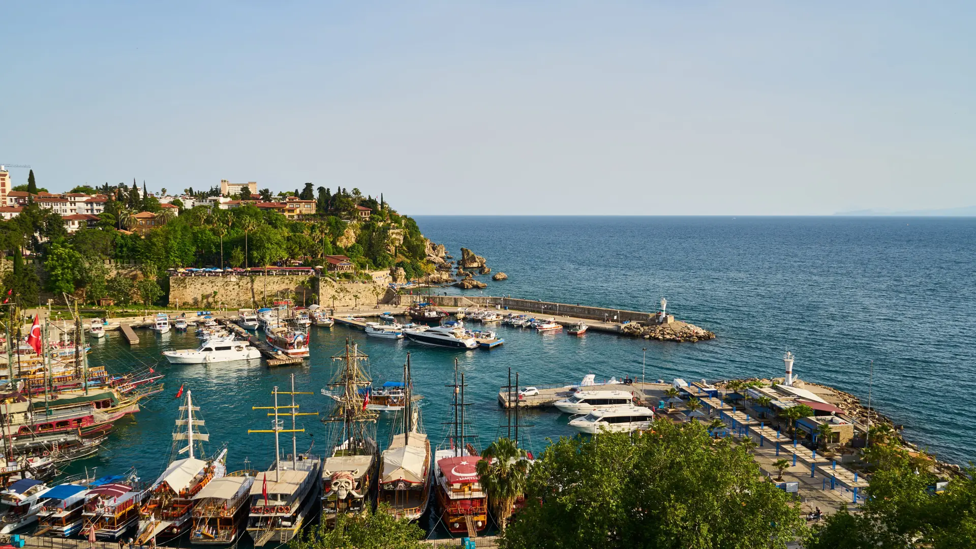 Boats packed into Antalya marina below the old city