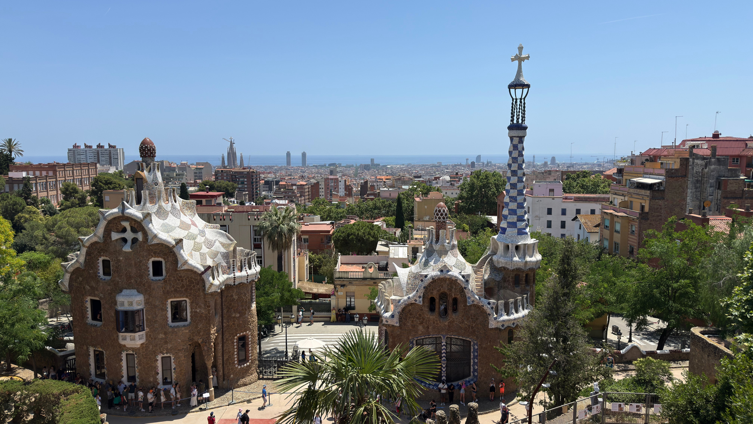 Park Güell pavilions overlooking Barcelona in bright daylight