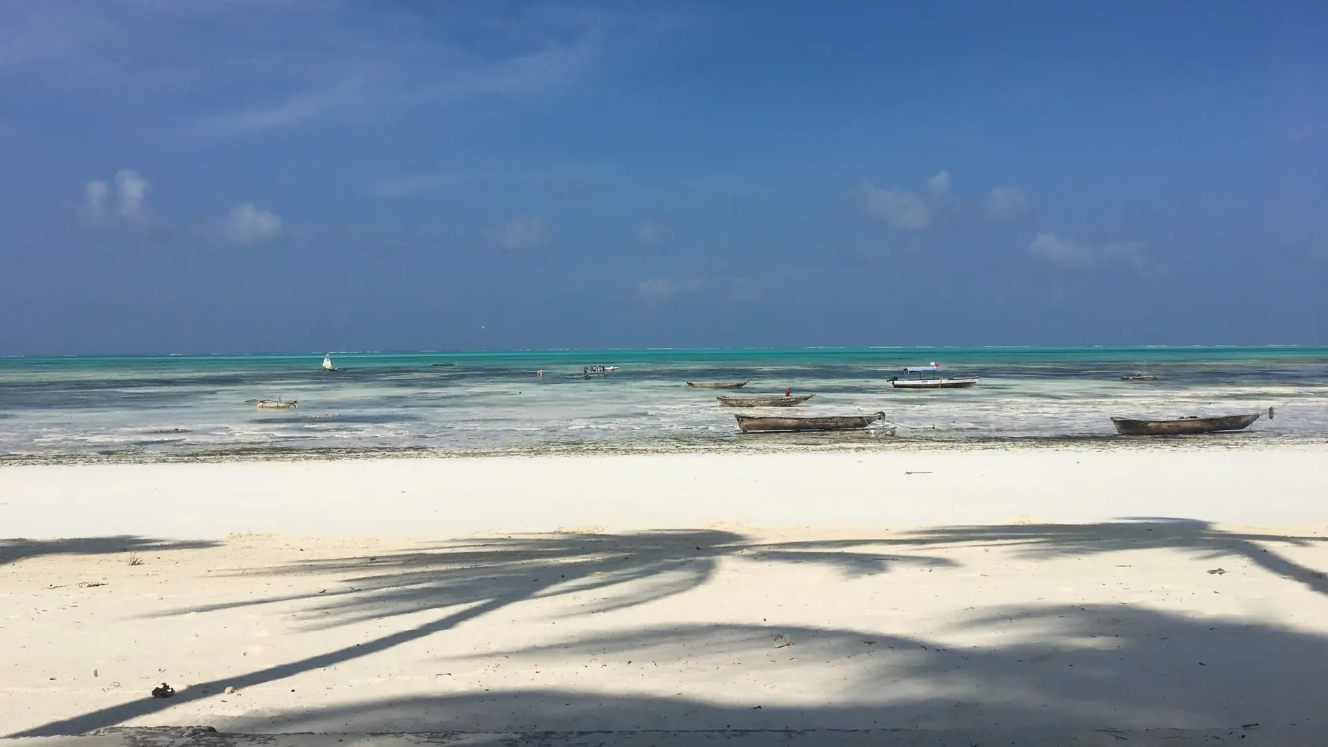 Pale low-tide sand and turquoise water on Jambiani Beach, Zanzibar