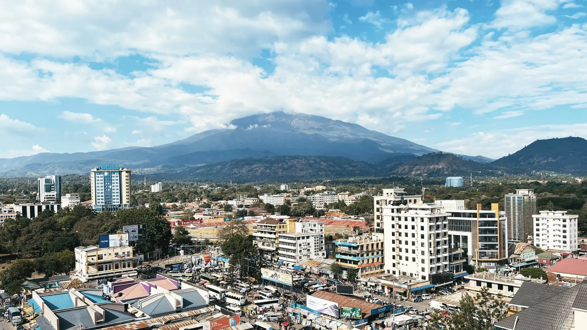 Sunlit Arusha city beneath Mount Meru in northern Tanzania