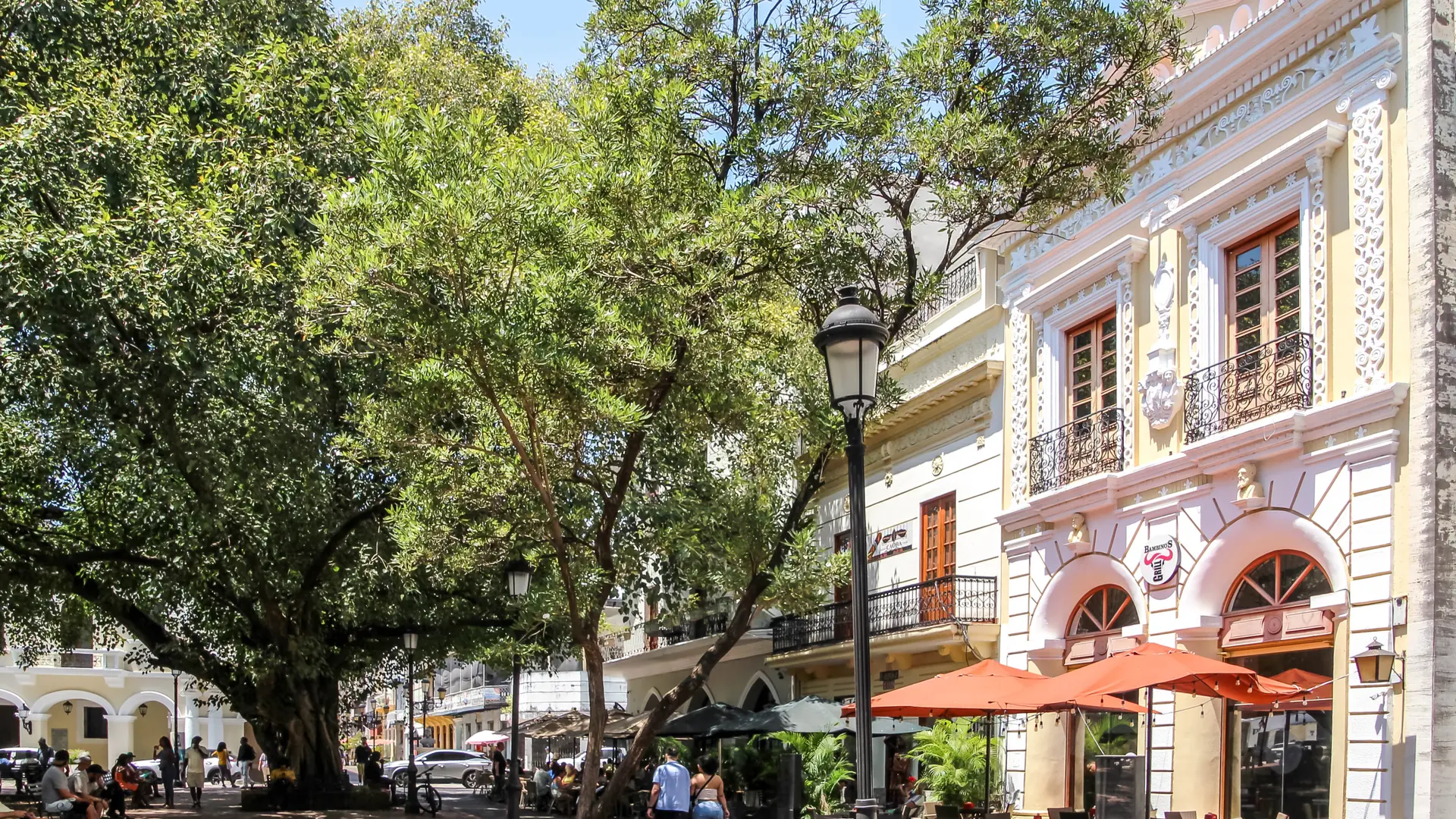 Sunlit Parque Colón plaza, trees and historic facades in Santo Domingo