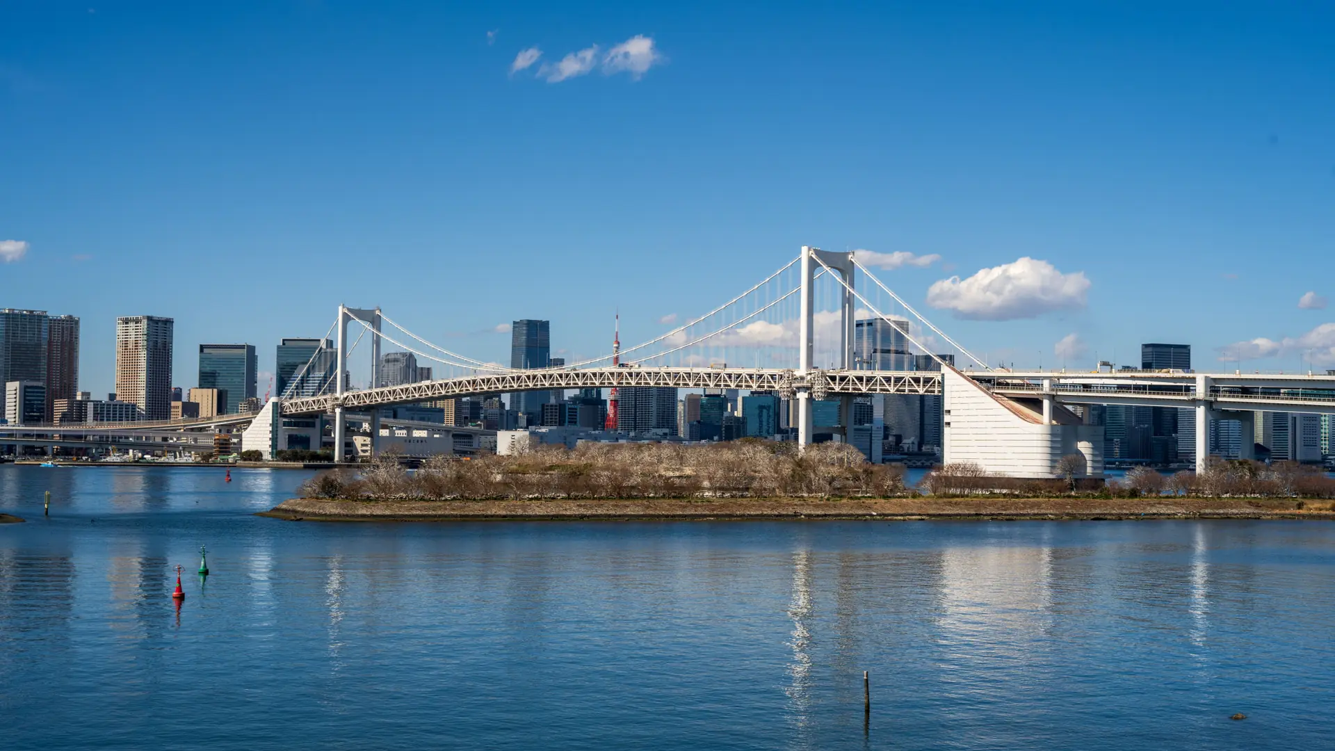 Rainbow Bridge and the Odaiba waterfront shining across deep blue Tokyo Bay