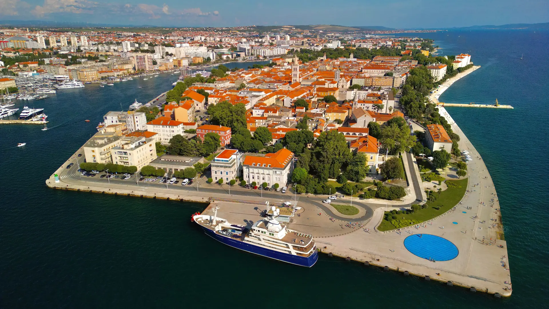 Zadar’s old town peninsula, Greeting to the Sun and waterfront seen from above