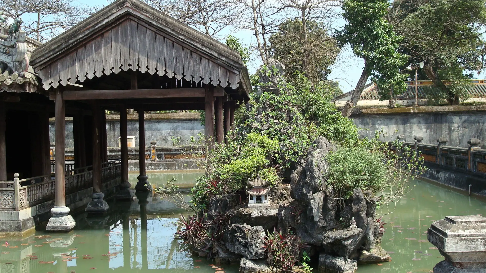 A waterside pavilion and miniature rock garden at Dien Tho Palace in Hue Imperial City, not Thuy Bieu accommodation