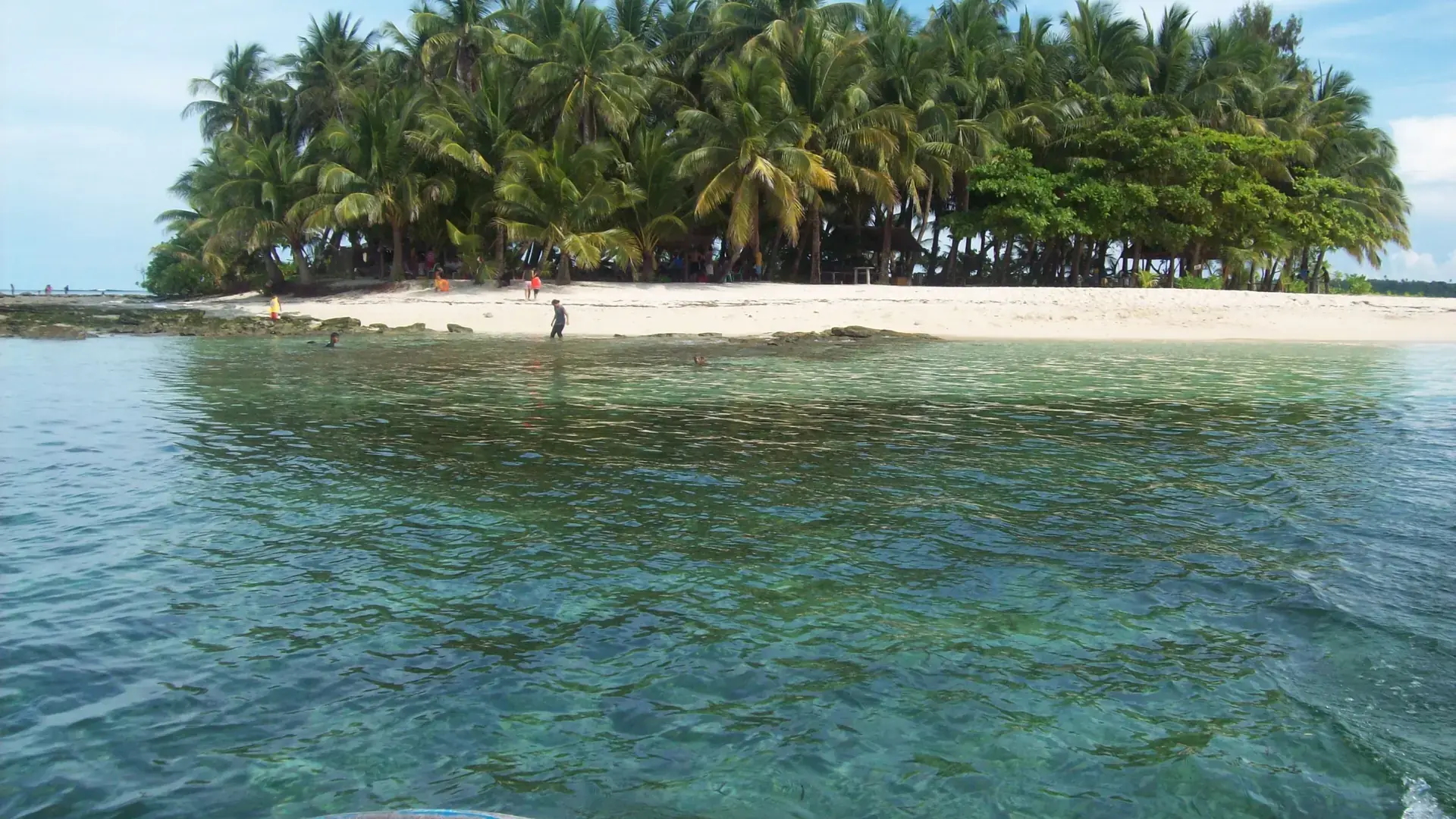 Swimmers beside Guyam Island’s sandy shore and coconut palms off Siargao