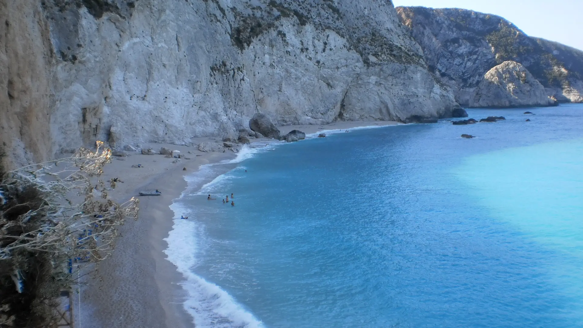 Porto Katsiki's white cliff and brilliant blue Ionian water on Lefkada